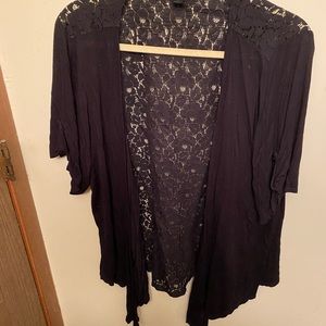 Black open waterfall cardigan, all lace on back, sz 2x gently worn .